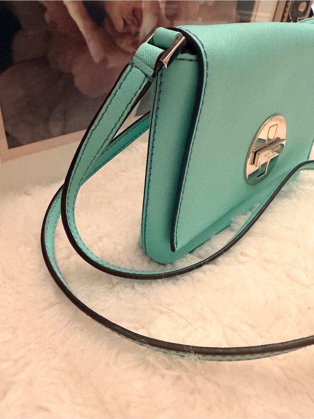 Kate Spade Mint Green Leather Crossbody Bag w/Multicolored Striped Interior GUC - Picture 14 of 16